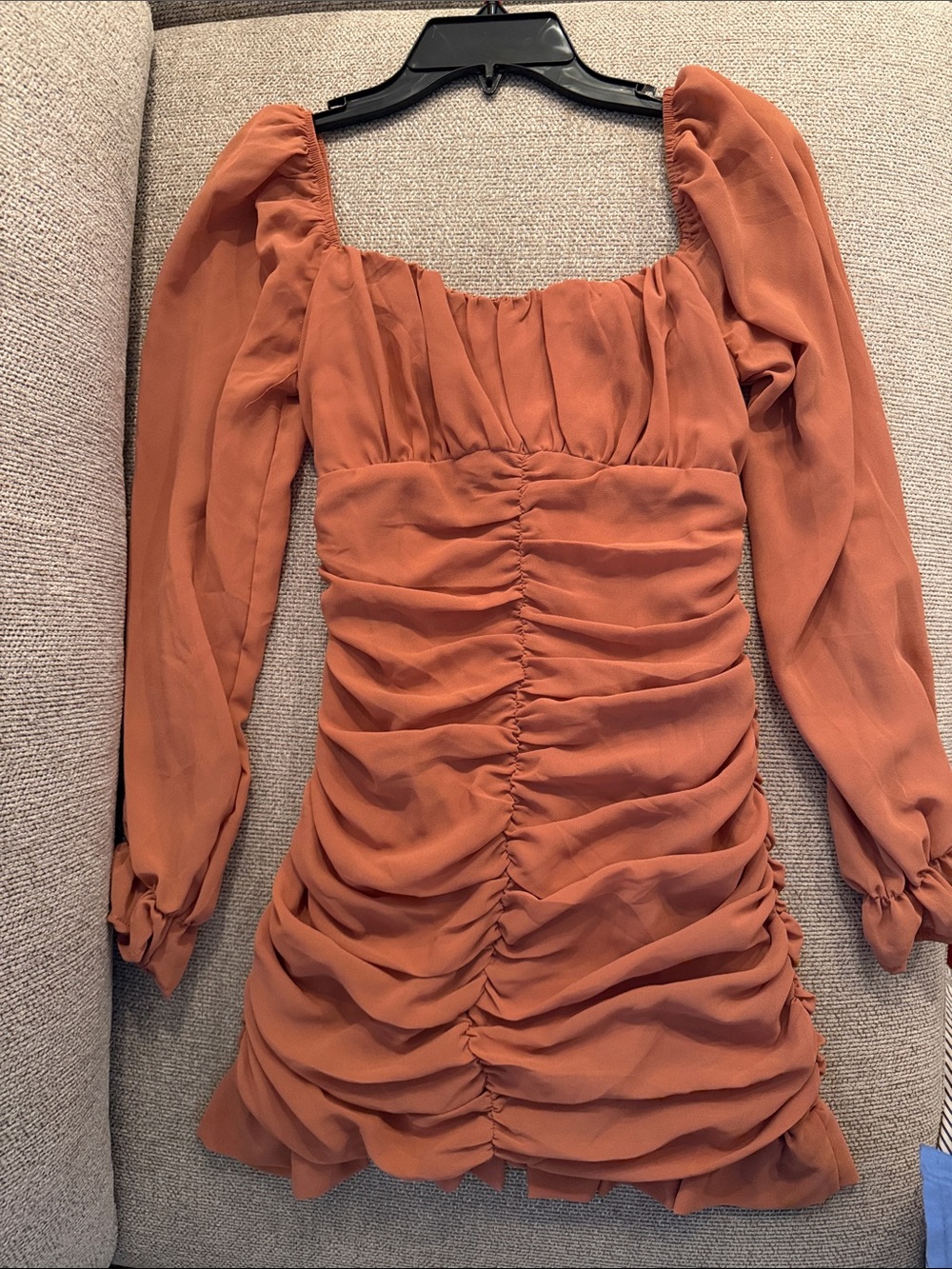 Blush Rust Orange Ruched Mini Dress